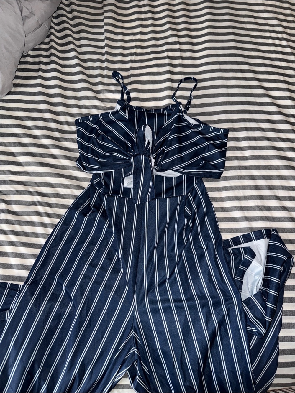 Striped Navy Blue Tie-Front One-Piece Wide leg